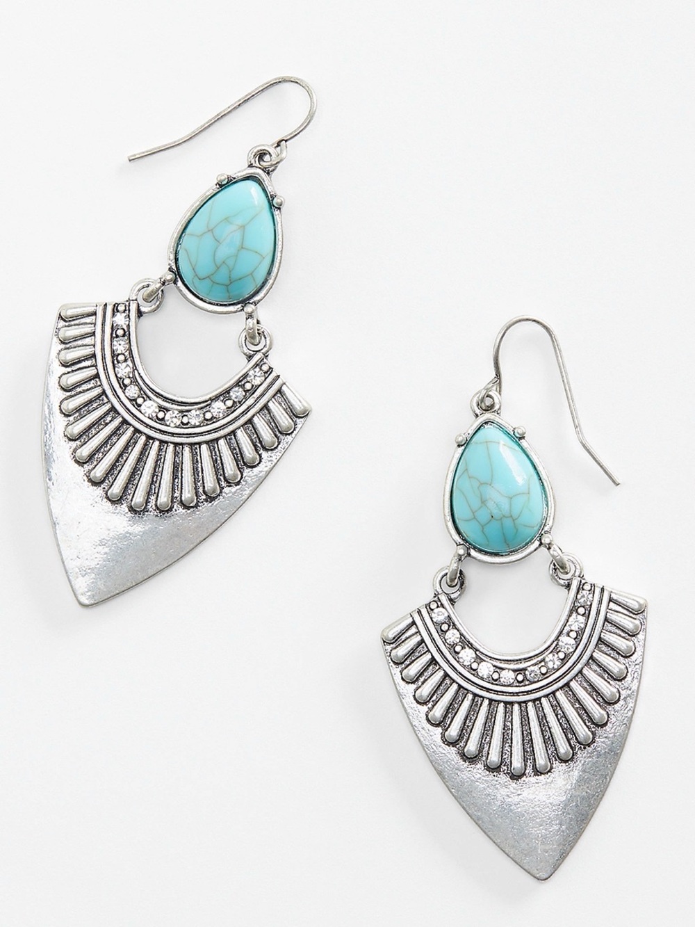 Faux Turquoise Teardrop Silver-Tone Fan Drop Earrings